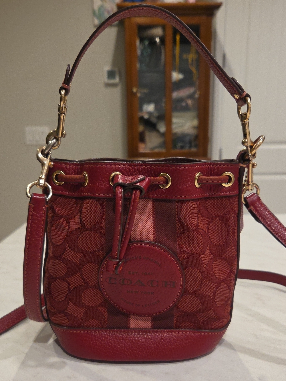 Coach Red/Wine Signature Mini Bucket Crossbody with Gold Hardware